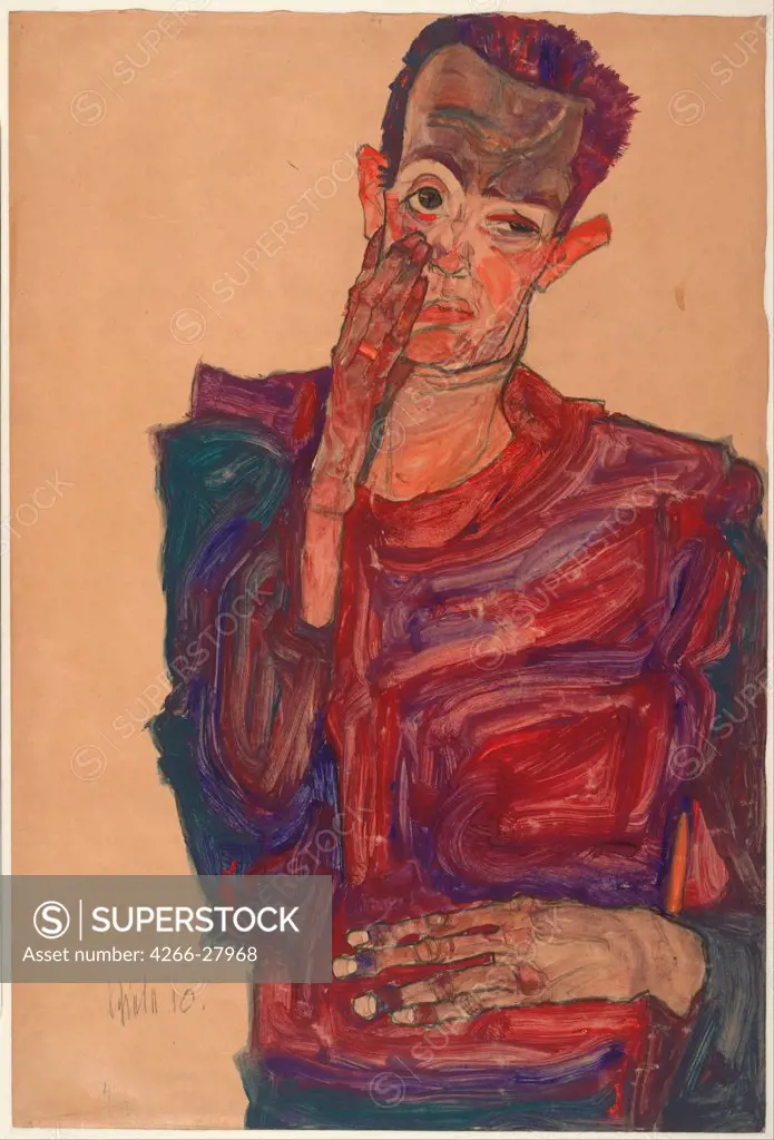 Self-Portrait with Eyelid Pulled Down by Schiele, Egon (1890Ð1918) / Albertina, Vienna / Art Nouveau / 1910 / Austria / Black chalk, watercolour on Paper / Portrait / 44,3x30,5