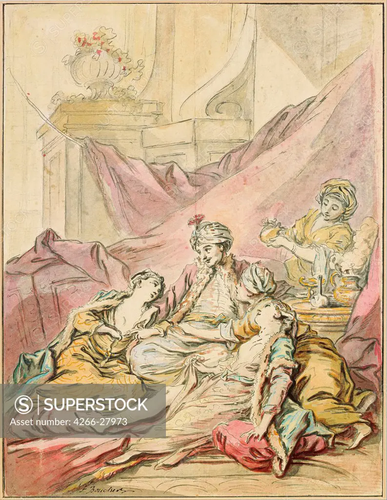 The Pasha in His Harem by Boucher, Francois (1703-1770) / Albertina, Vienna / Rococo / ca 1735-1739 / France / Pen, brush, watercolour, Indian ink on paper / Genre / 36,7x28,2