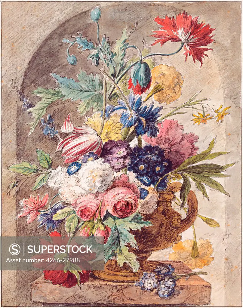 Flower Still Life by Huysum, Jan, van (1682-1749) / Albertina, Vienna / Rococo / ca 1734 / Holland / Watercolour, white colour, black chalk on paper / Still Life / 40,1x31,6
