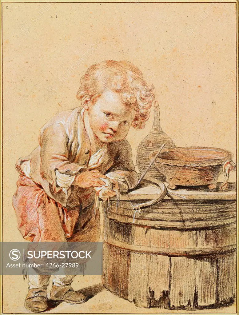 Boy with a Broken Egg by Greuze, Jean-Baptiste (1725-1805) / Albertina, Vienna / Rococo / ca 1756 / France / Black and white chalk, sanguine, pastel / Genre / 33,8x27,4