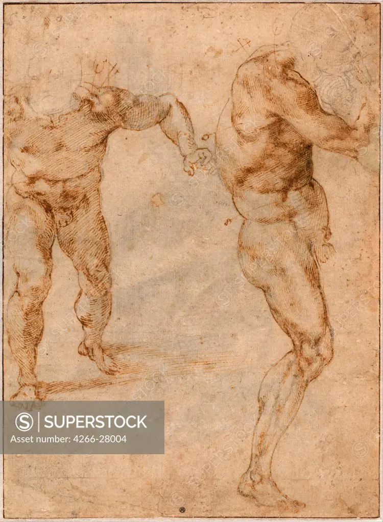 Two Nude Studies of a Man Storming Forward and Another Turning to the Right by Buonarroti, Michelangelo (1475-1564) / Albertina, Vienna / Renaissance / c. 1504 / Italy, Florentine School / Pen, brown Indian ink on paper / Nude painting / 27x19,6