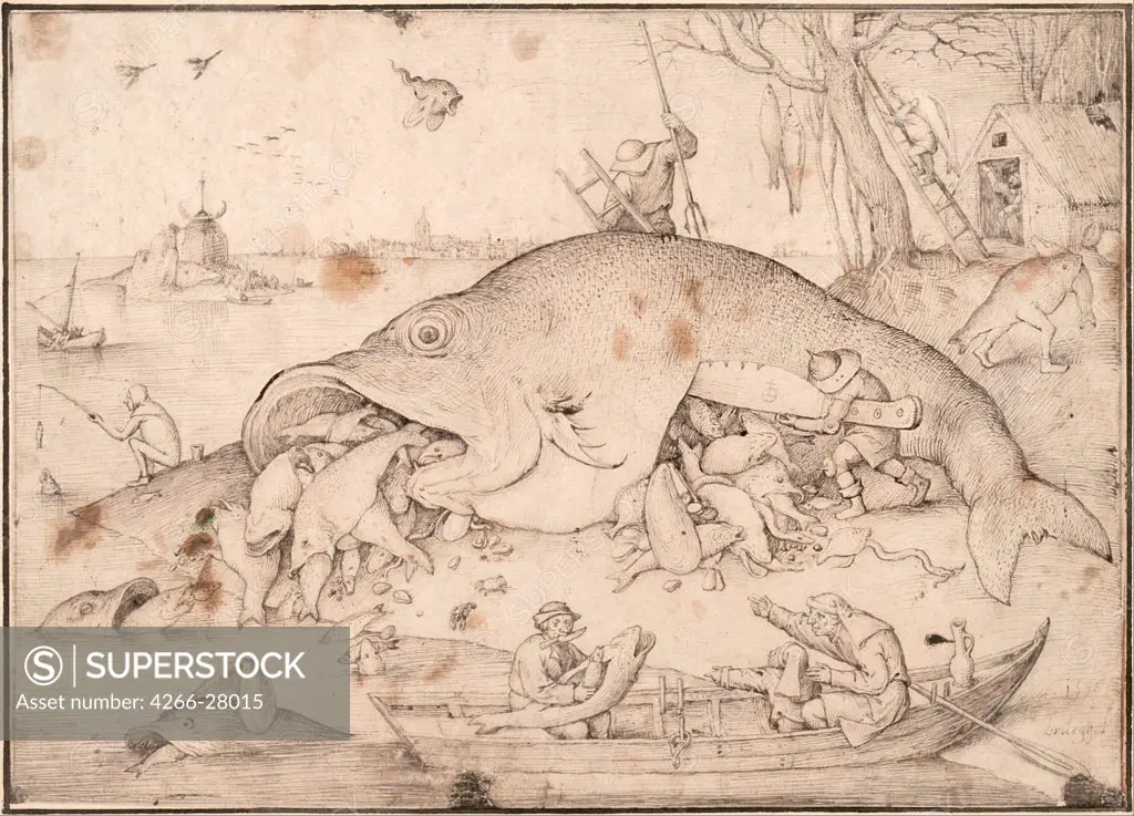 Big Fish Eat Little Fish by Bruegel (Brueghel), Pieter, the Elder (ca 1525-1569) / Albertina, Vienna / Early Netherlandish Art / 1556 / The Netherlands / Pen, brush, ink on paper / Mythology, Allegory and Literature / 21,6x30,7