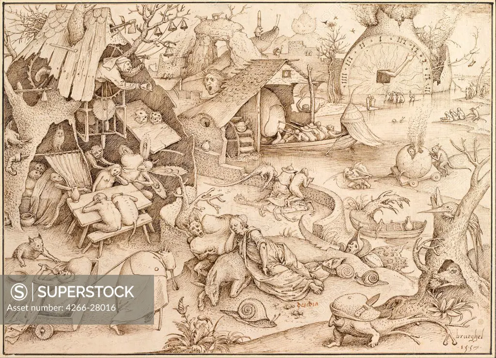 Acedia (Sloth) From the series Seven Deadly Sins by Bruegel (Brueghel), Pieter, the Elder (ca 1525-1569) / Albertina, Vienna / Early Netherlandish Art / 1557 / The Netherlands / Pen, brown Indian ink on paper / Mythology, Allegory and Literature / 21,4x2