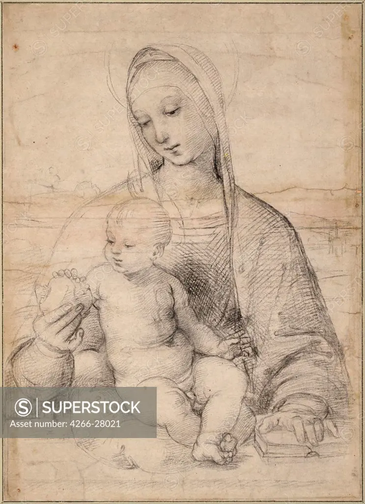 Madonna with the Pomegranate by Raphael (1483-1520) / Albertina, Vienna / Renaissance / c. 1504 / Italy, Roman School / Black chalk on paper / Bible / 41,2x29,5