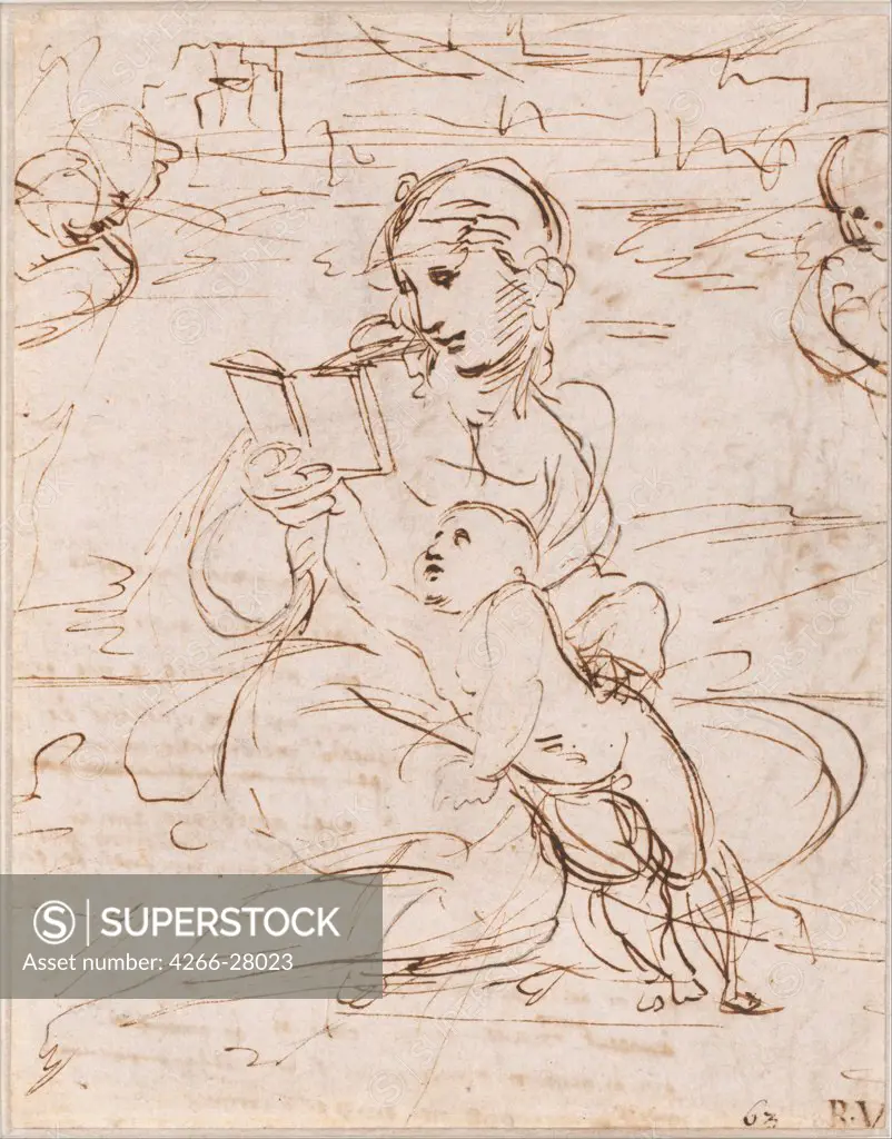 Reading Madonna and Child in a Landscape betweem two Cherub Heads by Raphael (1483-1520) / Albertina, Vienna / Renaissance / 1509 / Italy, Roman School / Pen, brown Indian ink on paper / Bible / 19,6x15,3