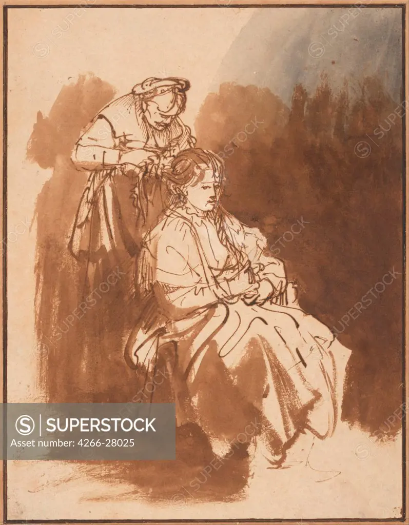 A Young Woman Having Her Hair Braided by Rembrandt van Rhijn (1606-1669) / Albertina, Vienna / Baroque / ca 1637 / Holland / Pen and brush, grey and brown ink on paper / Genre / 23,4x18