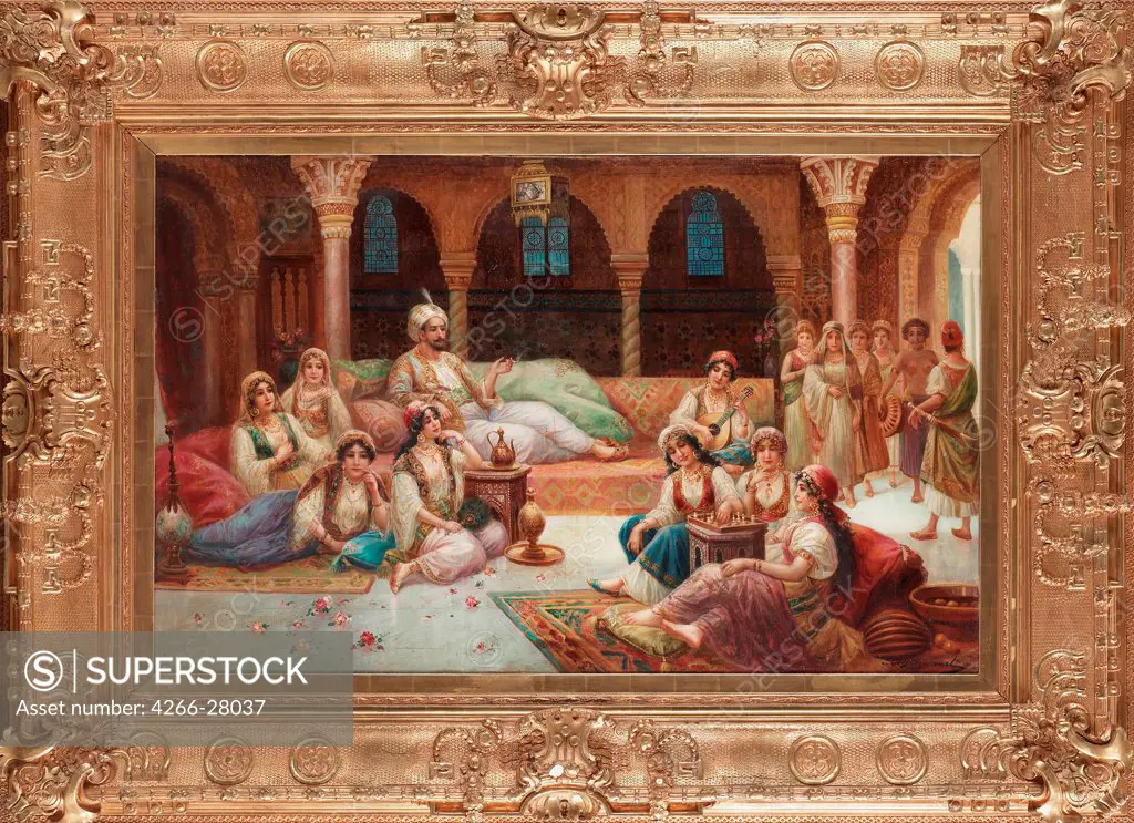 in a Harem by Delincourt, J. G. (active Mid of 19th cen.) / Private Collection / Orientalism /  / France / Oil on canvas / Genre / 82x132