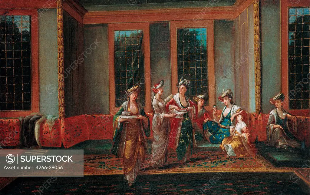 Women Drinking Coffee by Vanmour (Van Mour), Jean-Baptiste (1671-1737) / Pera Museum, Istanbul / Orientalism / 1720s / Flanders / Oil on canvas / Genre / 37x59