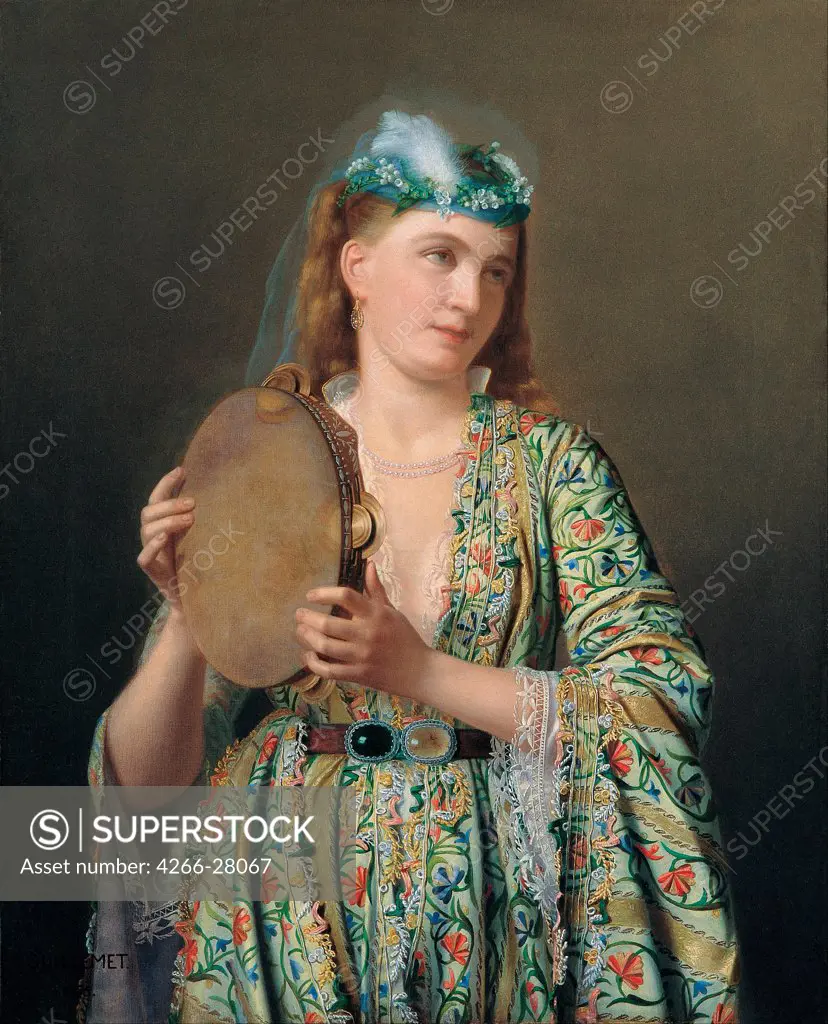 Portrait of a Lady of the Court Playing the Tambourine by Guillemet, Pierre Desire (1827-1878) / Pera Museum, Istanbul / Orientalism / Second Half of the 19th cen. / France / Oil on canvas / Portrait,Genre / 98x79