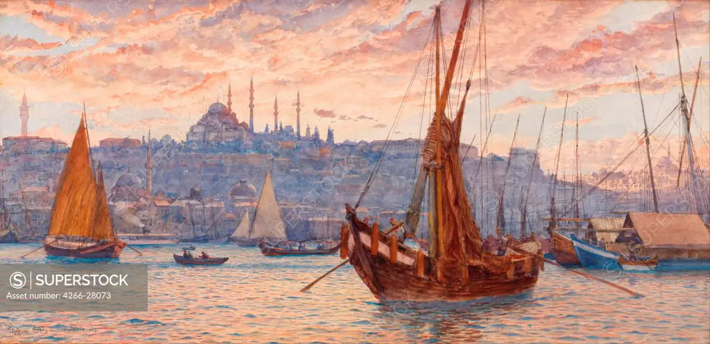 The Golden Horn by Ellis, Tristram James (1844-1922) / Pera Museum, Istanbul / Orientalism / Second Half of the 19th cen. / Great Britain / Watercolour on cardboard / Landscape / 36x77