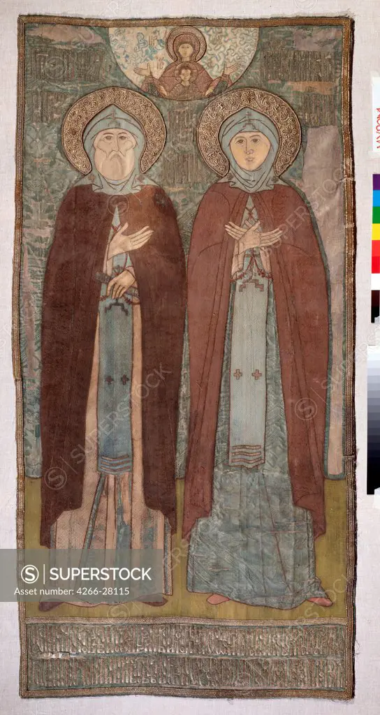 Saints Peter and Fevronia of Murom (Ecclesiastical embroidery) by Russian master   / State Museum of History and Art, Murom / Old Russian Art / 1594 / Russia, Moscow School / Canvas, silk-, gold- and silverthreads / Bible,Objects / 108x206