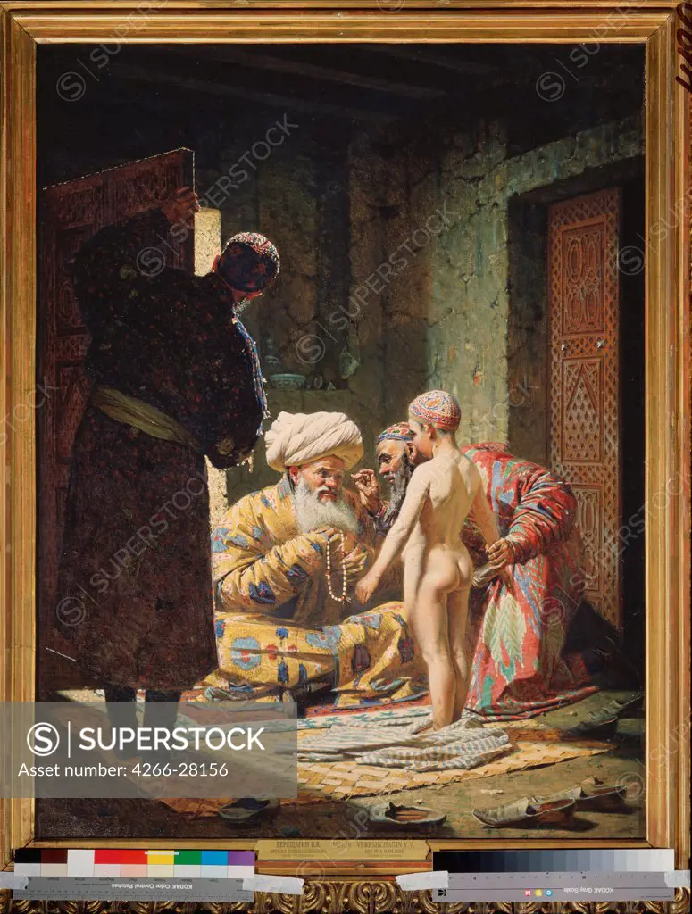 Sale of a Child Slave by Vereshchagin, Vasili Vasilyevich (1842-1904) / State Tretyakov Gallery, Moscow / Russian Painting of 19th cen. / 1871-1872 / Russia / Oil on canvas / Genre / 123x92,4