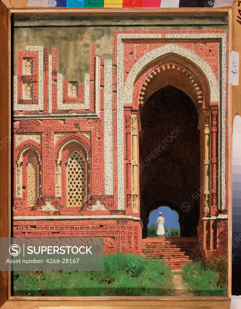 Qutub Minar. A surrounding gate in Old Delhi by Vereshchagin, Vasili Vasilyevich (1842-1904) / State Tretyakov Gallery, Moscow / Russian Painting of 19th cen. / 1875 / Russia / Oil on canvas / Architecture, Interior / 36,5x28,6