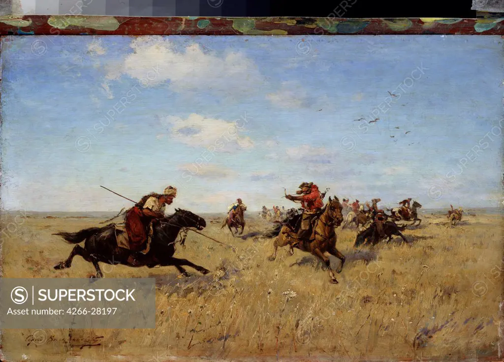 Fight between Dnieper Cossacks and Tatars by Vasilkovsky, Sergei Ivanovich (1854-1917) / Regional Art Museum, Arkhangelsk / Russian Painting of 19th cen. / 1892 / Russia / Oil on canvas / History / 27x41