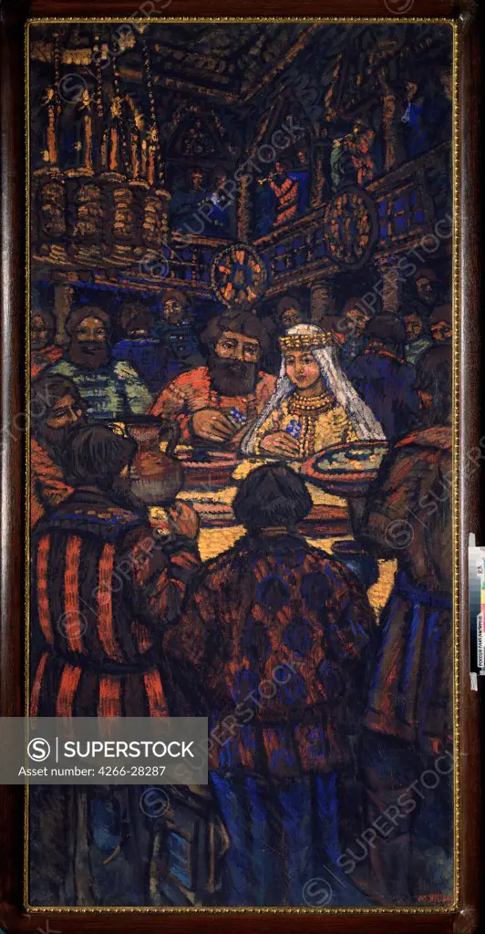 The Wedding of the Grand Duke Vladimir I. Svyatoslavich (Triptych, Central panel) by Yakovlev, Mikhail Nikolayevich (1880-1942) / Private Collection / Russian Painting, End of 19th - Early 20th cen. / 1920s / Russia / Oil on canvas / Genre / 249,5x119,