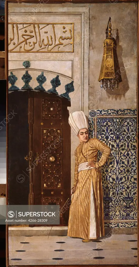 A eunuch before the door of the harem by Vereshchagin, Vasili Vasilyevich (1842-1904) / Regional M. Vrubel Art Museum, Omsk / Russian Painting of 19th cen. /  / Russia / Oil on canvas / Genre / 93x47