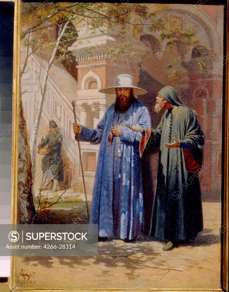 Patriarch Nikon in the New Jerusalem Monastery by Schwarz, Vyacheslav Grigoryevich (1838-1869) / State Tretyakov Gallery, Moscow / Russian Painting of 19th cen. / 1867 / Russia / Oil on wood / Genre / 21,7x16