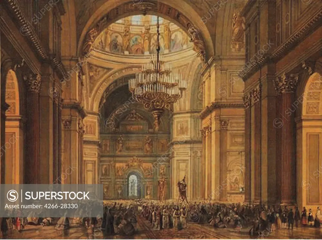 Church service in the Saint Isaac's Cathedral in Saint Petersburg by Bachelier, Charles-Claude (First half of 19th cen.) / A. Pushkin Memorial Museum, St. Petersburg / French Painting of 19th cen. / 1850s / France / Lithograph, watercolour / Architecture