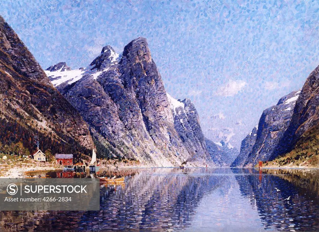 Landscape with fjords by Adelsteen Normann, oil on canvas, 1848-1918, Private Collection, 71, 6x99, 8