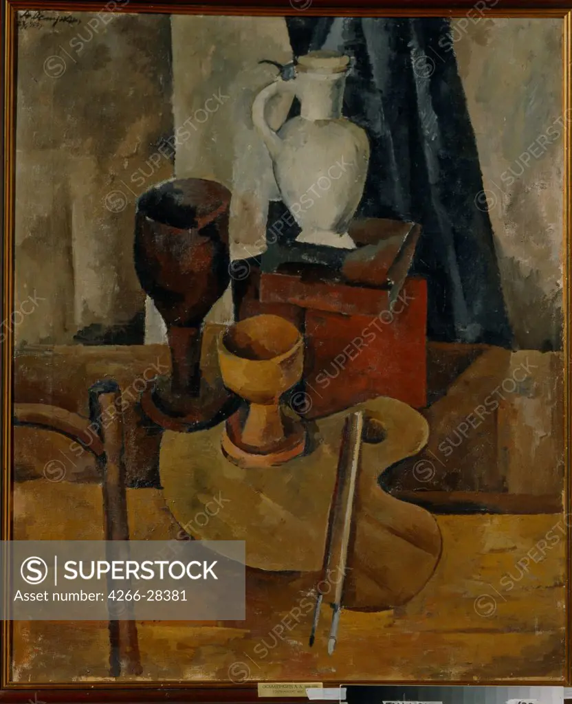Still Life with Palette by Osmiorkin, Alexander Alexandrovich (1892-1953) / State Art Museum, Tula / Russian avant-garde / 1920 / Russia / Oil on canvas / Still Life / 108x90