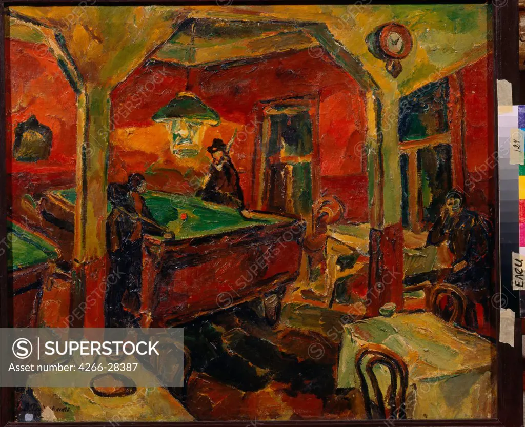 Game of Billiards by Rozhdestvensky, Vasili Vasilyevich (1884-1963) / Museum of Regional Studies, Yelets / Russian avant-garde / 1901 / Russia / Oil on canvas / Architecture, Interior,Genre / 83x71