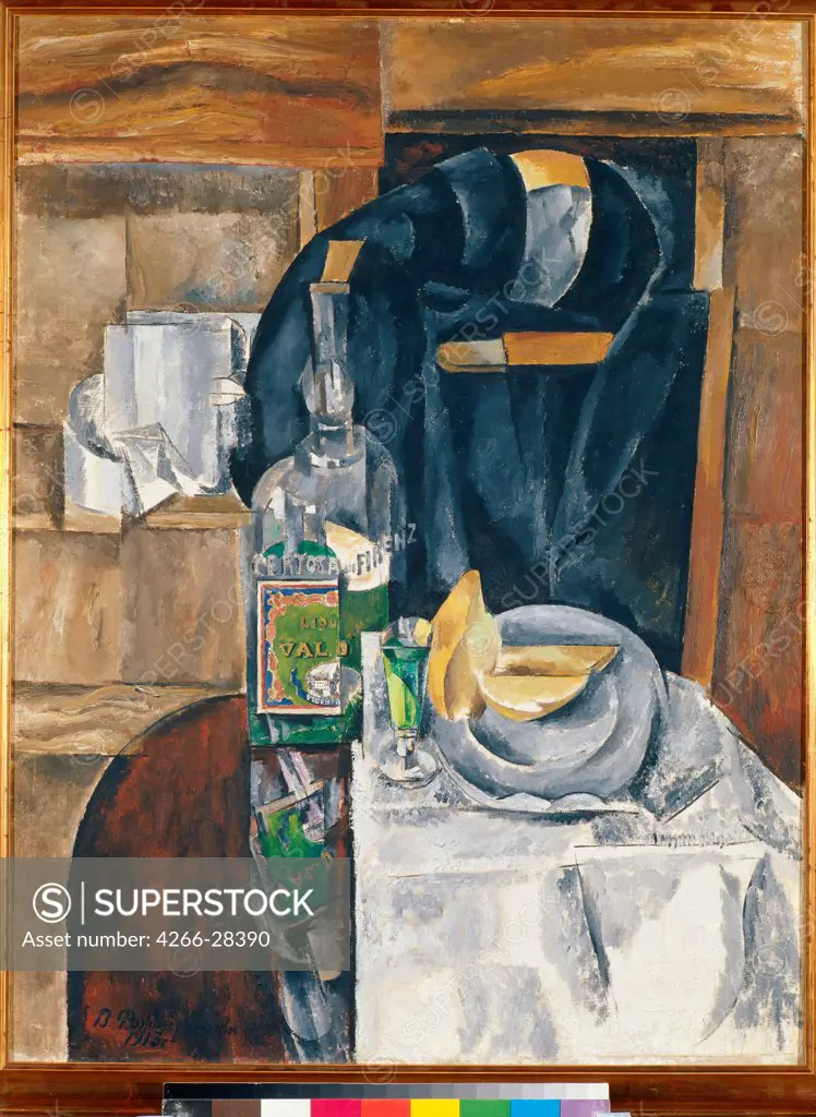 Still Life with Liqueur by Rozhdestvensky, Vasili Vasilyevich (1884-1963) / State Tretyakov Gallery, Moscow / Russian avant-garde / 1913 / Russia / Oil on canvas / Still Life / 85x65
