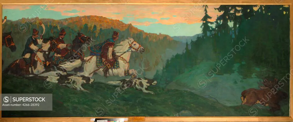 Morning Hunt of Grand Prince by Roerich, Nicholas (1874-1947) / Regional I. Kramskoi Art Museum, Voronezh / Symbolism / 1901 / Russia / Oil on canvas / Genre,History / 121x350