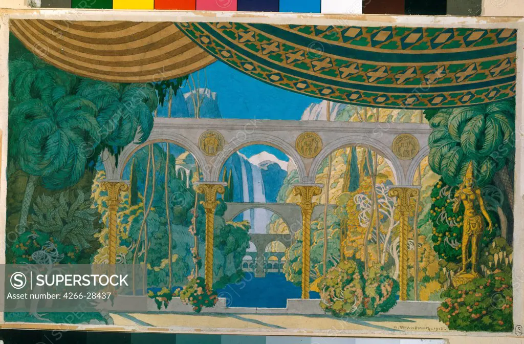 The Gardens of Chernomor. Stage design for the opera Ruslan and Ludmila by M. Glinka by Bilibin, Ivan Yakovlevich (1876-1942) / State Museum of Theatre and Music Art, St. Petersburg / Theatrical scenic painting / 1913 / Russia / Watercolour and ink on pa