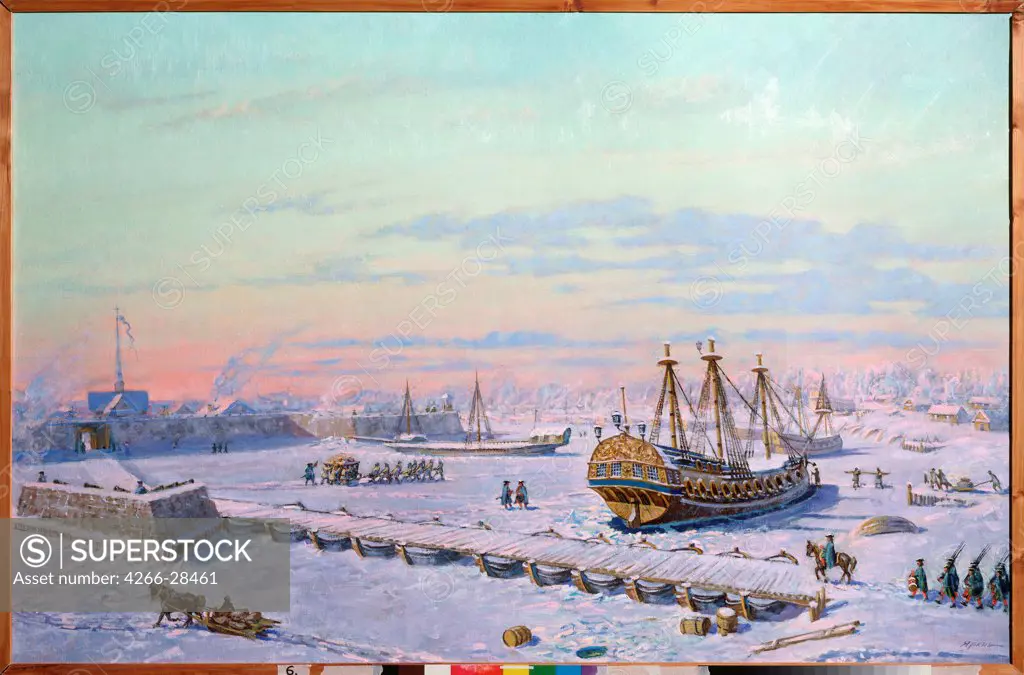 First wintering of the Baltic fleet in St Petersburg in 1703-1704 by Yarkin, Vladimir Petrovich (*1939) / State Central Navy Museum, St. Petersburg / Modern / 1998 / Russia / Oil on canvas / Landscape,History / 100x150