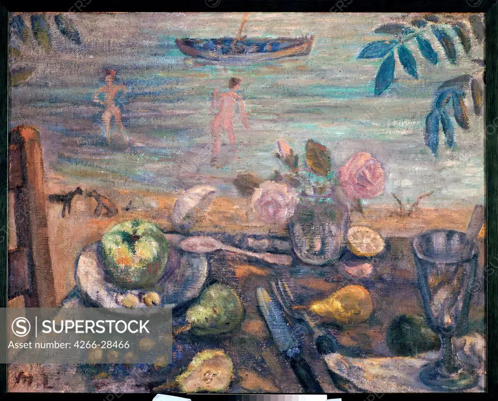 A covered table at a river by Larionov, Mikhail Fyodorovich (1881-1964) / State Tretyakov Gallery, Moscow / Russian avant-garde / 1920-1930 / Russia / Oil on canvas / Still Life / 55,5x69,3