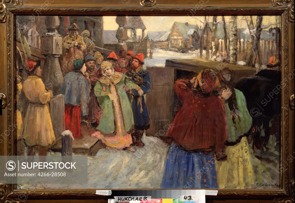 The Arrest of Tsarevna Sophia by Veshchilov, Konstantin Alexandrovich (1878-1945) / Regional W. Wereshchagin Art Museum, Mykolaiv / Russian Painting, End of 19th - Early 20th cen. /  / Russia / Oil on canvas / Genre,History / 65,5x99,5