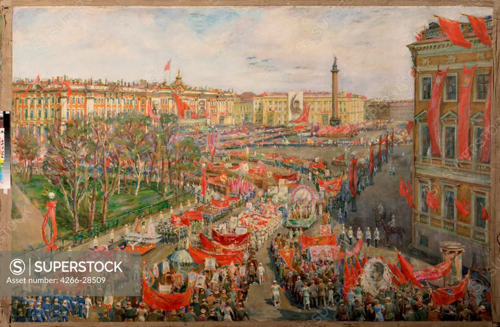 Demonstration on the Uritsky Square in Leningrad by Vikulov, Vasili Ivanovich (1904-1971) / State Museum- and exhibition Centre ROSIZO, Moscow / Soviet Art / 1937 / Russia / Oil on canvas / Genre / 145x229