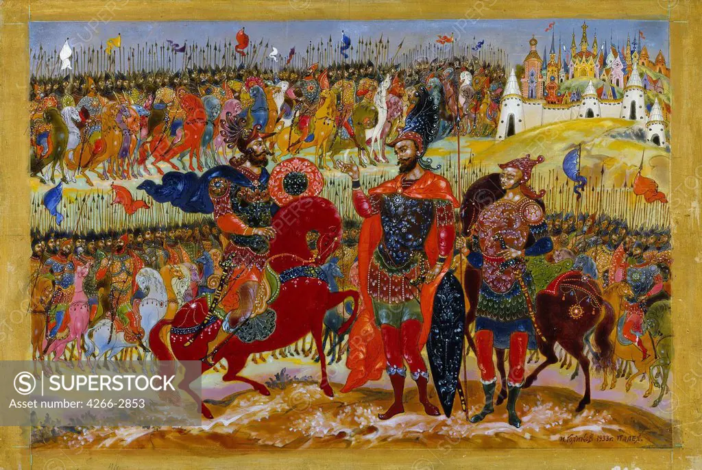 Scene on battlefield by Ivan Ivanovich Golikov, gouache and tempera on paper, 1932-1933, 1886-1937, School of Palekh, Russia, Palekh, Museum of Palekh Russian Lacquer Art