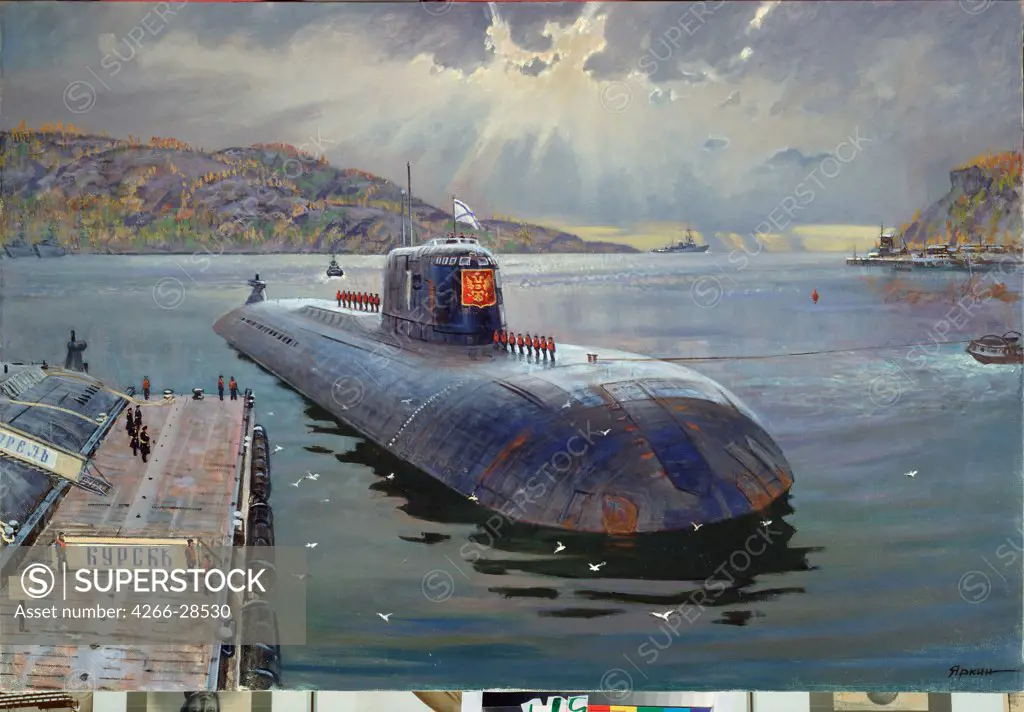 The last Seafaring of the Russian nuclear submarine Kursk by Yarkin, Vladimir Petrovich (*1939) / State Central Navy Museum, St. Petersburg / Modern / 2001 / Russia / Oil on canvas / History / 100x150