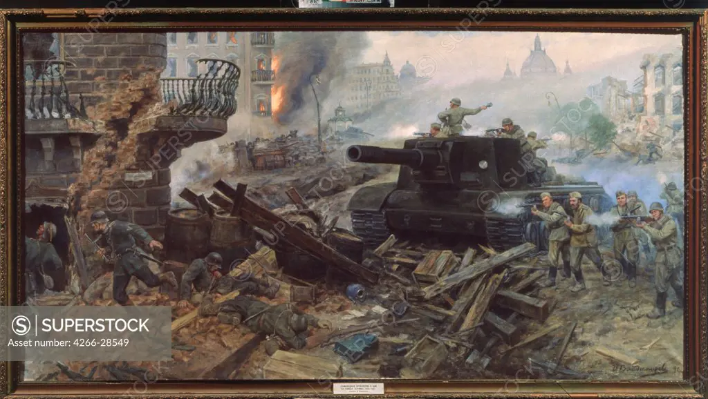 The artillery street fight in Berlin. 1945 by Vladimirov, Ivan Vassilyevich (1905-1980s) / State Central Artillery Museum, St. Petersburg / Soviet Art / 1946 / Russia / Oil on canvas / History / 128x249