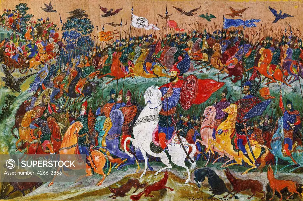 Battlefield by Ivan Ivanovich Golikov, gouache and tempera on paper, 1932-1933, 1886-1937, School of Palekh, Russia, Palekh, Museum of Palekh Russian Lacquer Art