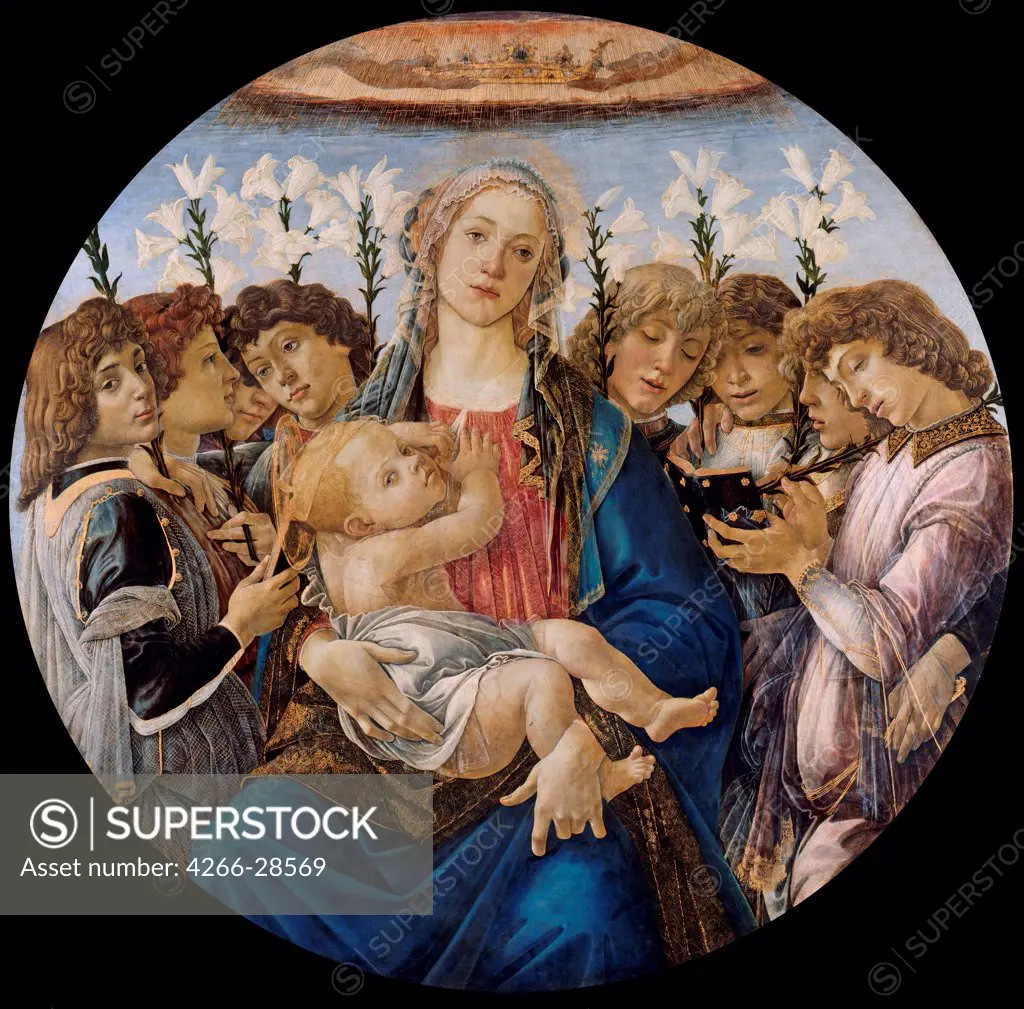 Virgin and Child with Eight Angels (Berlin Madonna or Raczynski Tondo). Tondo by Botticelli, Sandro (1445-1510) / Staatliche Museen, Berlin / 1480s / Italy, Florentine School / Tempera on panel / Bible / D 135