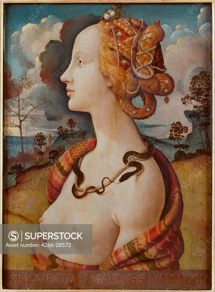 Portrait of Simonetta Vespucci (Cleopatra) by Piero di Cosimo (ca 1462-ca 1521) / Musee Conde, Chantilly / c. 1480 / Italy, Florentine School / Tempera on panel / Portrait,Mythology, Allegory and Literature / 57x42