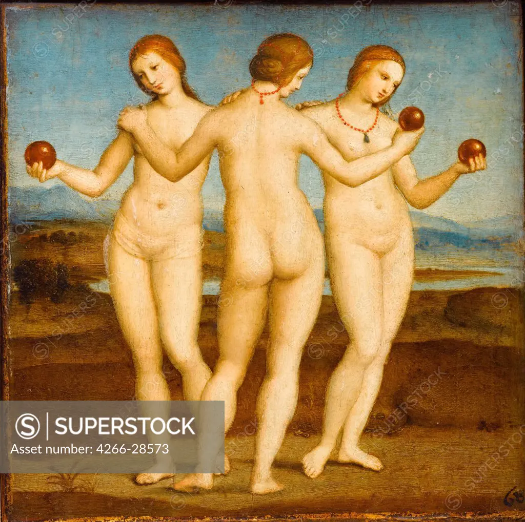 The Three Graces by Raphael (1483-1520) / Musee Conde, Chantilly / 1504-1505 / Italy, Roman School / Oil on wood / Mythology, Allegory and Literature,Nude painting / 17x17