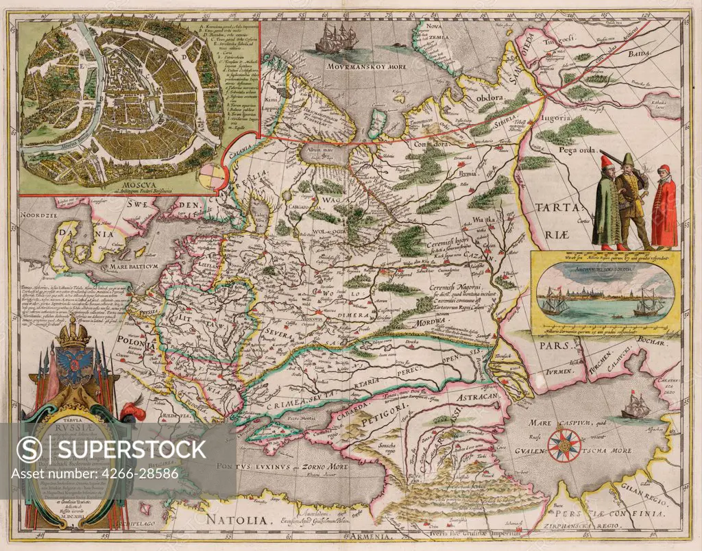 Map of Russia and Moscow (From: Theatrum Orbis Terrarum...) by Blaeu, Willem Janszoon (1571-1638) / Private Collection / 1645 / Holland / Copper engraving, watercolour / History /
