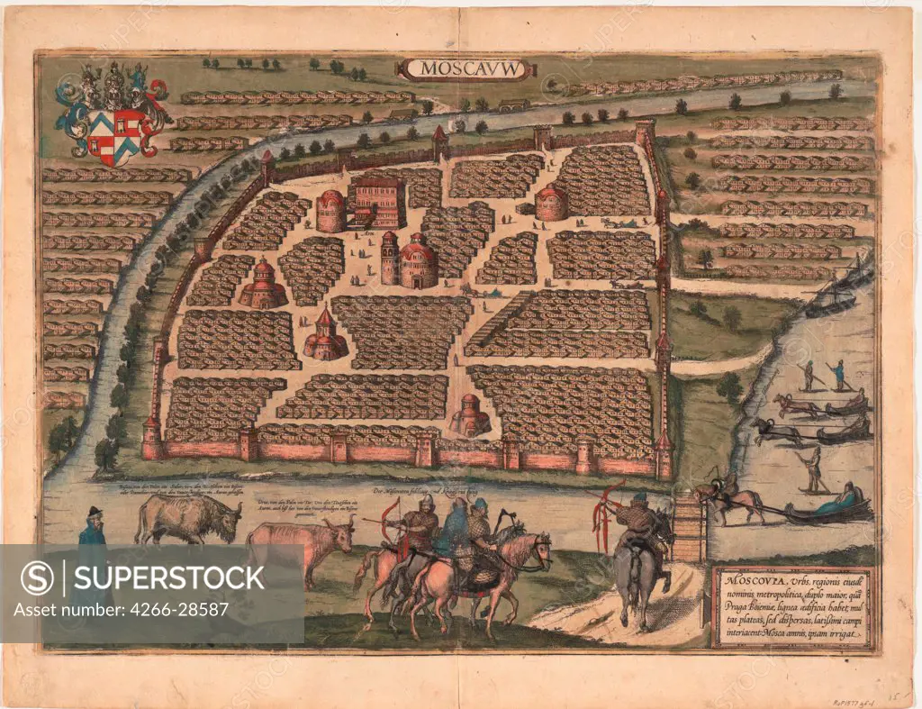 Map of Moscow of the 16th century (From: Civitates orbis terrarium) by Hogenberg, Frans (1535-1590) / Private Collection / 1575 / Germany / Copper engraving, watercolour / Architecture, Interior,History /