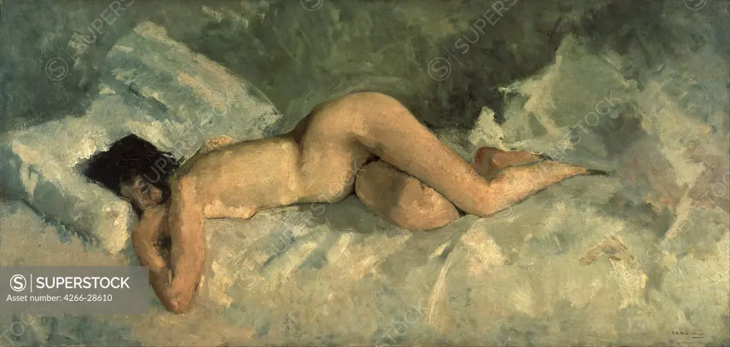 Reclining nude by Breitner, George Hendrik (1857-1923) / Centraal Museum, Utrecht / ca 1887 / Holland / Oil on canvas / Nude painting / 97,5x202,5