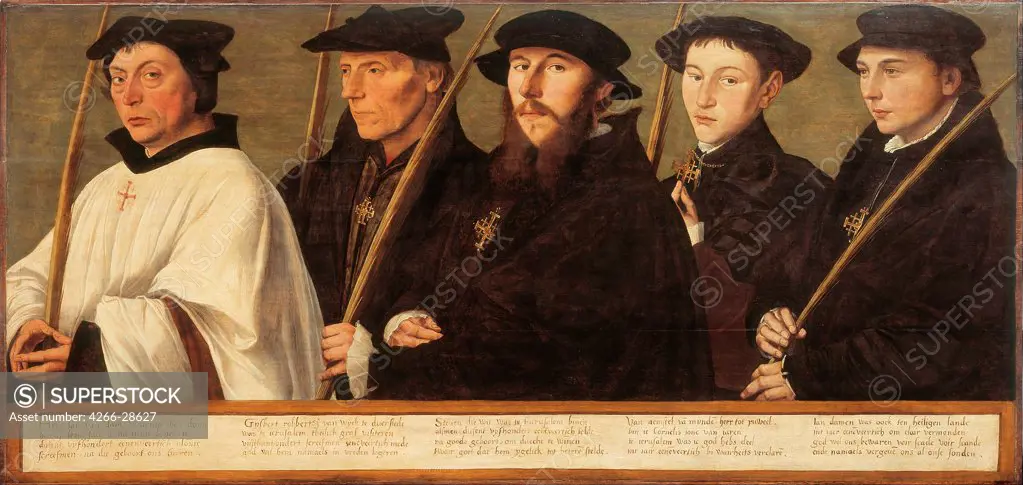 Five Members of the Utrecht Brotherhood of Jerusalem Pilgrims by Scorel, Jan, van (1495-1562) / Centraal Museum, Utrecht / ca 1541 / The Netherlands / Oil on wood / Portrait / 78,5x164,1