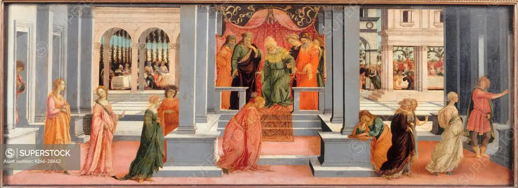Esther before Ahasuerus by Lippi, Filippino (1457-1504) / Musee Conde, Chantilly / 1478-1480 / Italy, Florentine School / Tempera on panel / Bible / 47x131