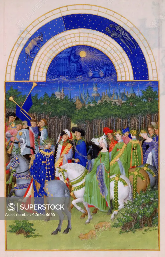 May (Les Tres Riches Heures du duc de Berry) by Limbourg brothers (active 1385-1416) / Musee Conde, Chantilly / 1412-1416 / The Netherlands / Tempera and gold on parchment / Genre,Mythology, Allegory and Literature / 22,5x13,6