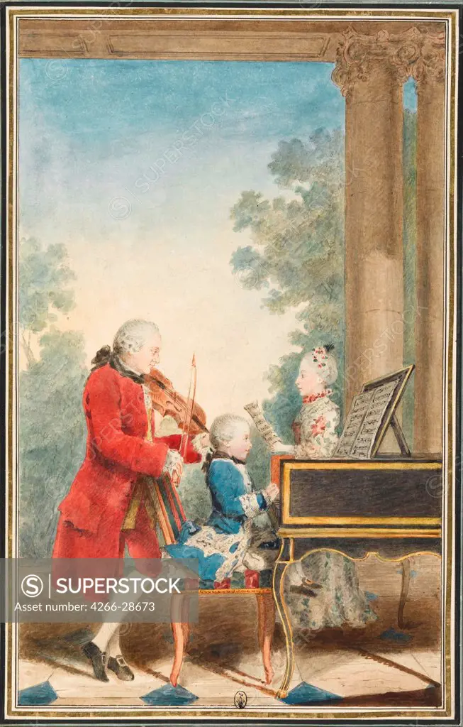 Portrait of Wolfgang Amadeus Mozart playing in Paris with his father Johann Georg Leopold by Carmontelle, Louis (1717-1806) / Musee Conde, Chantilly / 1763-1764 / France / Watercolour, white colour, sanguine and pastel on paper / Portrait / 19,5x12,5