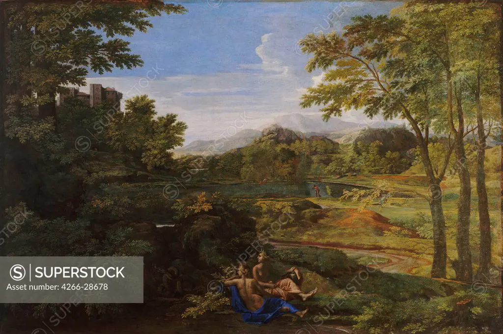 Landscape with two Nymphs and a Snake by Poussin, Nicolas (1594-1665) / Musee Conde, Chantilly / ca 1659 / France / Oil on canvas / Landscape / 118x179