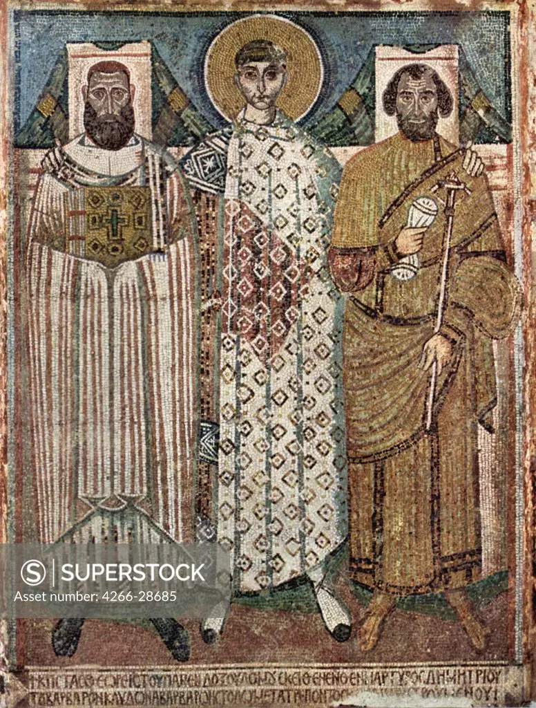 Saint Demetrius of Thessaloniki with the donors by Master of Hagios Demetrios (End of 6th cen.) / Hagios Demetrios, Thessaloniki / 6th-7th century / Byzantium / Mosaic / Bible /