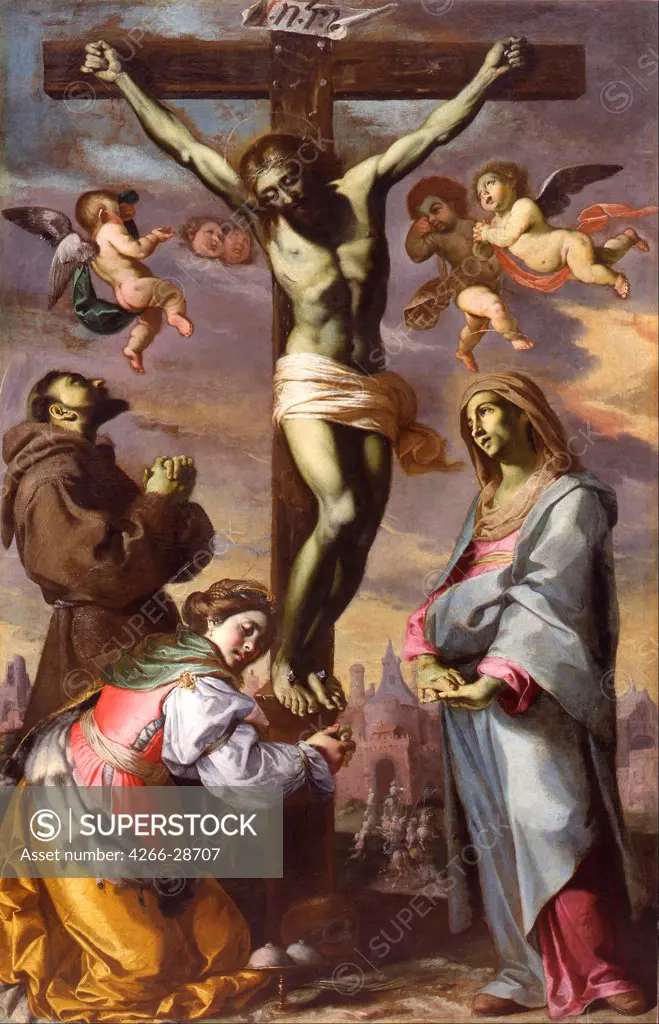 The Crucifixion with the Virgin and Saints Francis and Agatha by Mei, Bernardino (1612-1676) / Museo Civico Archeologico e d'Arte Sacra Palazzo Corboli Asciano / Mid of 17th cen. / Italy, School of Siena / Oil on canvas / Bible / 230x141