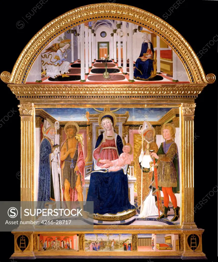 Madonna with Child and Saints Blaise, John the Baptist, Nicholas and Florian. The Annunciation by Lorenzo di Pietro (Vecchietta) (1410-1480) / Museo Diocesano di Pienza / 1462 / Italy, School of Siena / Tempera on panel / Bible / 360x270